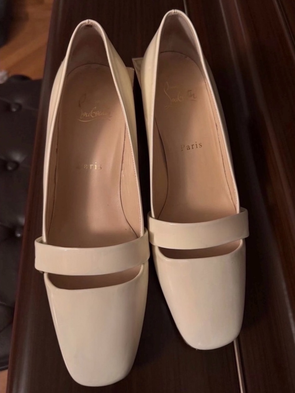 Christian Louboutin Cream Patent Mary Jane Block Heel Pumps Size 38 - Picture 3 of 11